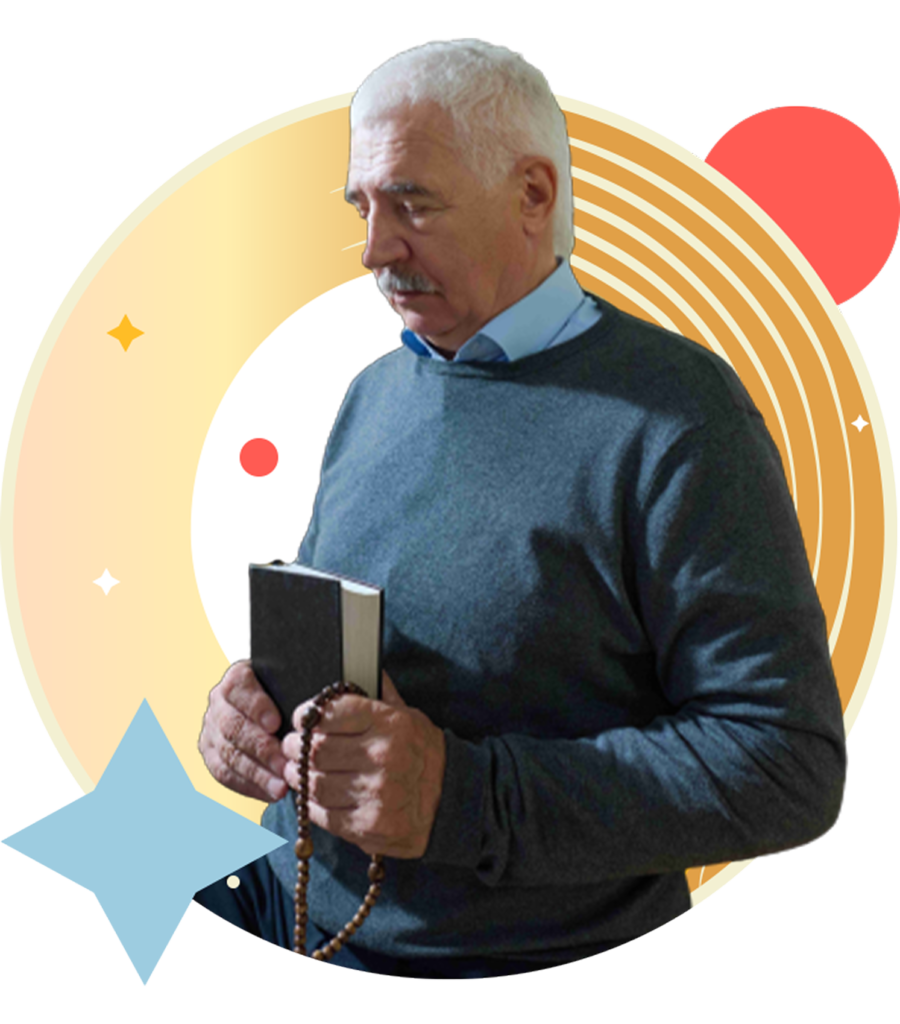 Elderly man holding a prayer book and rosary, symbolizing faith, strength, and spiritual support in stroke recovery.