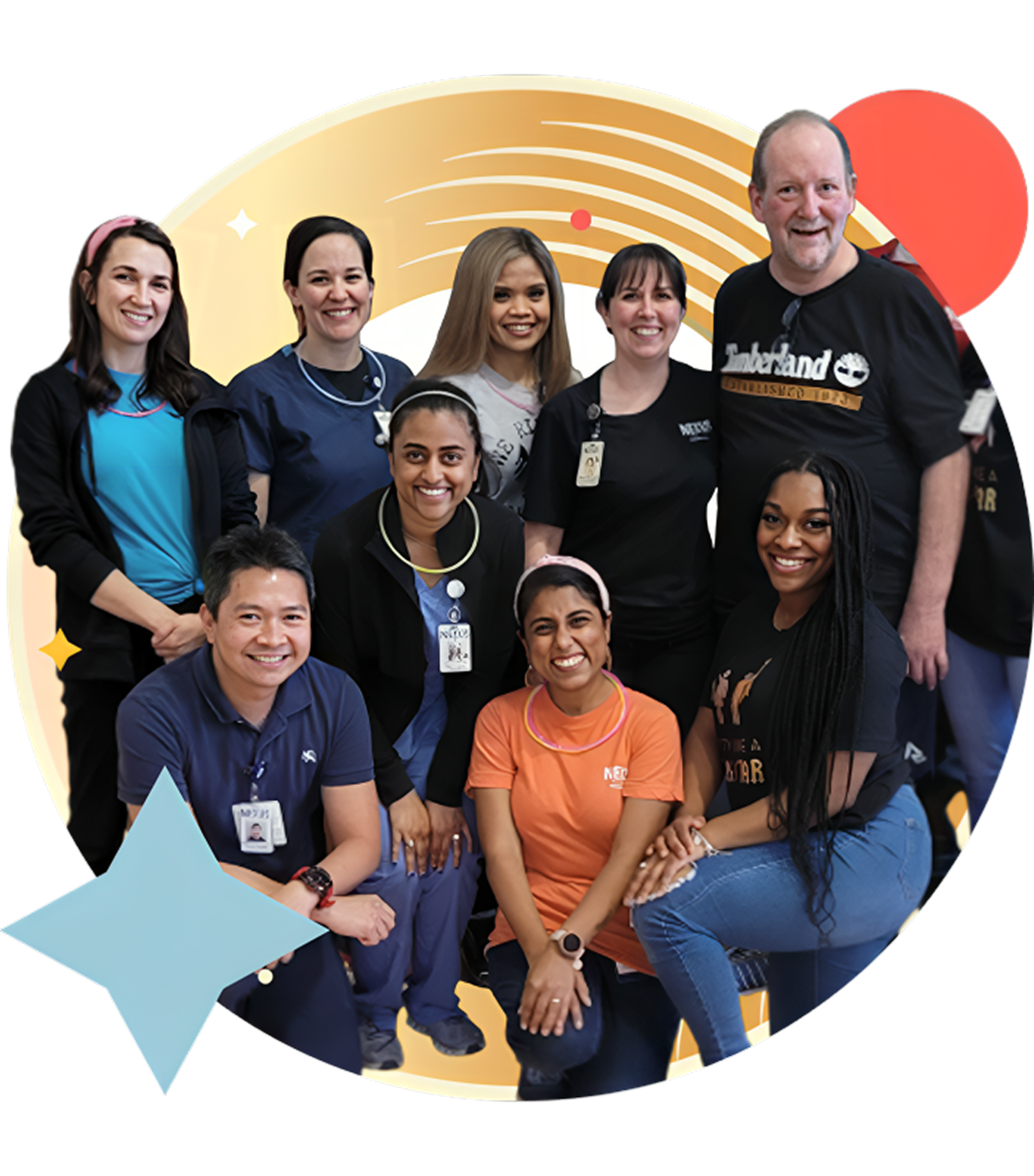 A diverse group of stroke survivors, caregivers, and healthcare professionals smiling together, symbolizing a supportive recovery community.