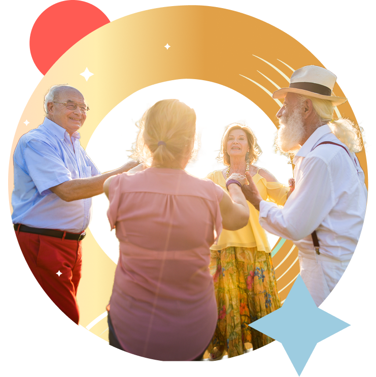 Stroke survivors and caregivers dance together, celebrating healing and togetherness.