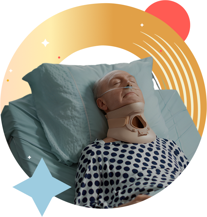 A stroke patient in recovery, receiving oxygen and neck support during the early stages of medical care.
