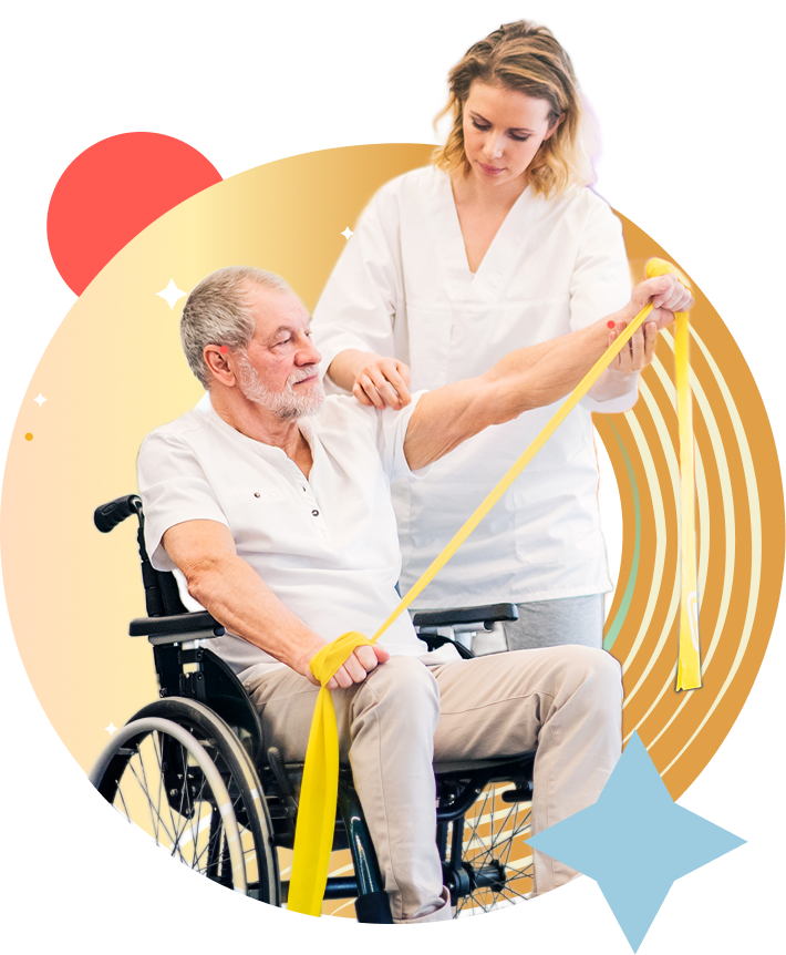 A therapist guides a stroke survivor through strength-building exercises to regain motor function.