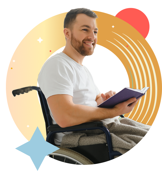A smiling stroke survivor reads in a wheelchair, embracing calm and progress in daily life.