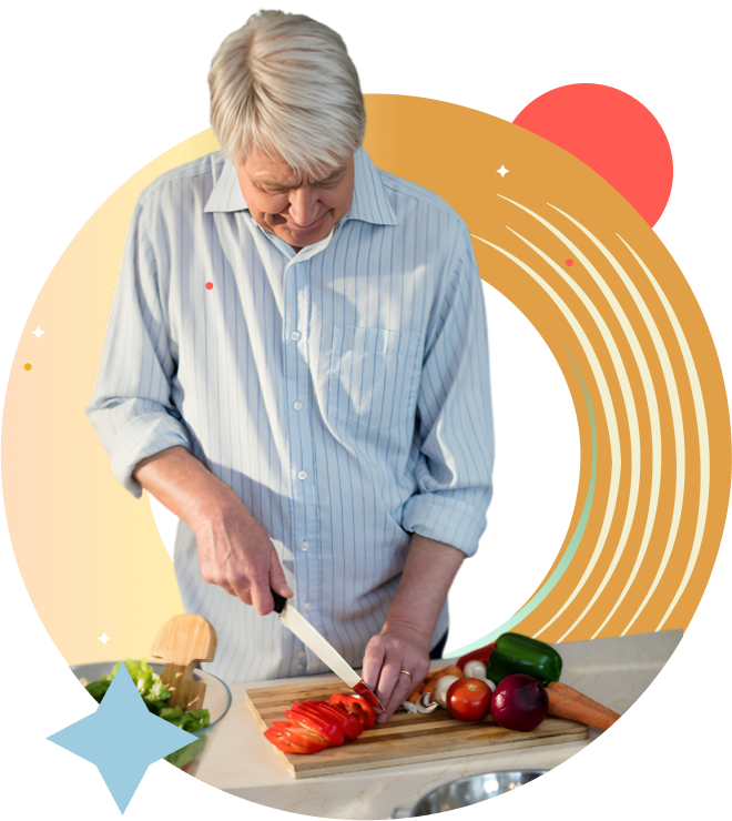 A stroke survivor adapts in the kitchen, confidently preparing a meal with one hand.
