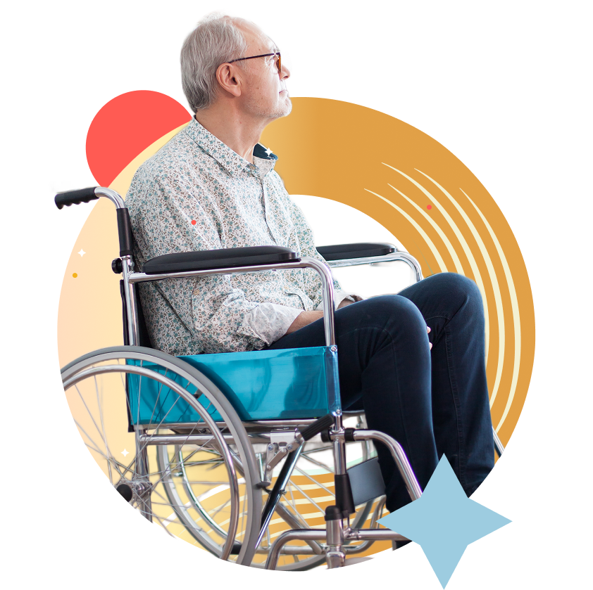 A stroke survivor in a wheelchair looks outside thoughtfully, symbolizing resilience and hope.